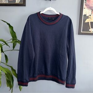 Hugo Boss Navy Crewneck Sweater with Red Stripe Trim Slim Fit sz XXL